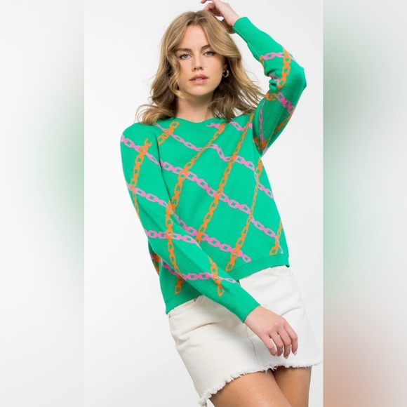 THML Sweaters - THML: CHAIN PRINT SWEATER GREEN